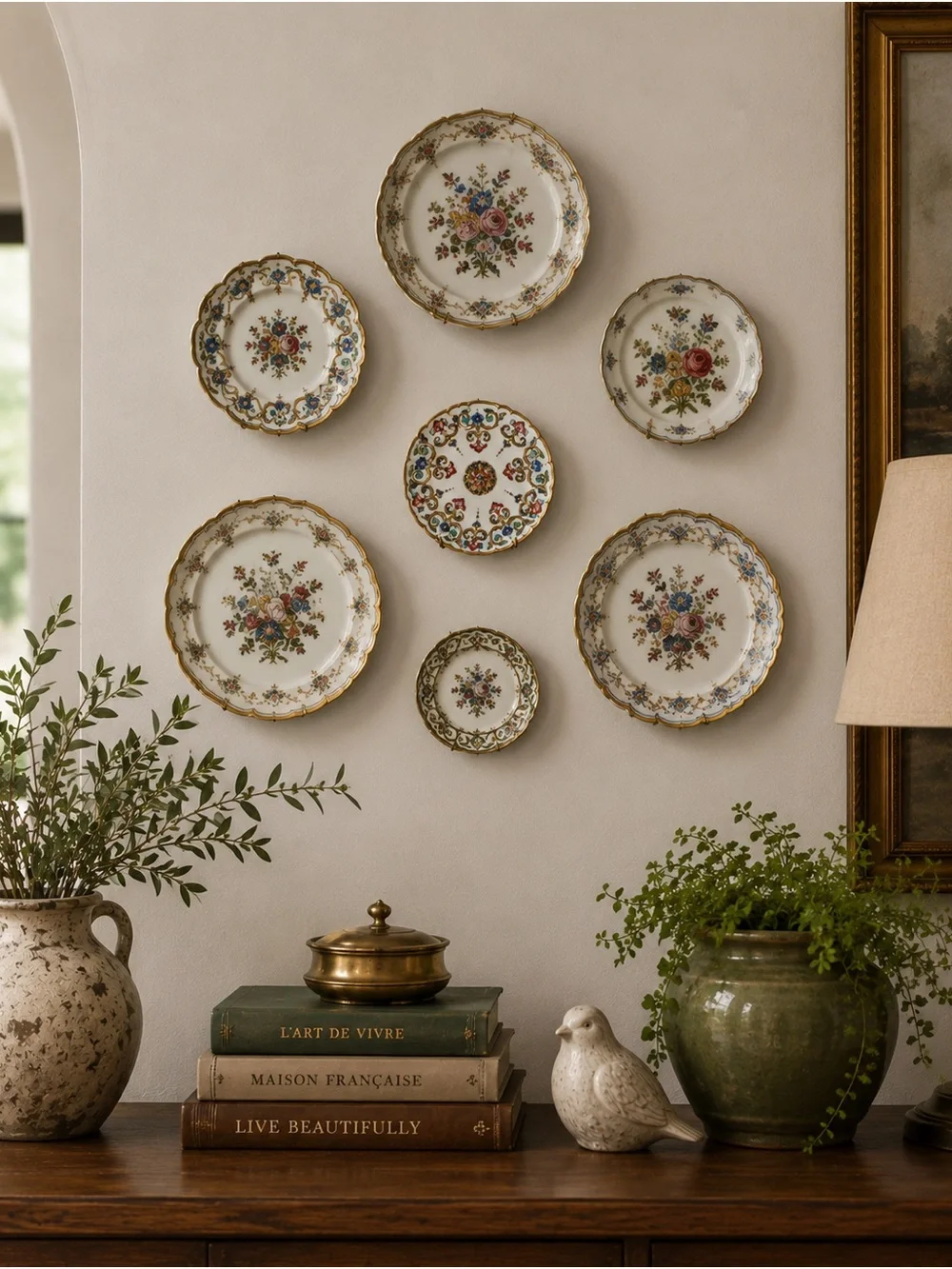Decorative Floral Scroll Porcelain Plate - White with Multicolor Accents